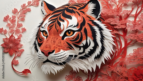 intricate Japanese paper cut art of tiger