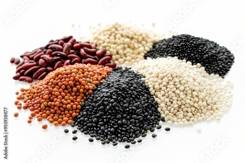 Assorted grains seeds and beans with black and white sesame barley mung bean groundnut soybean millet black bean and red bean on white background