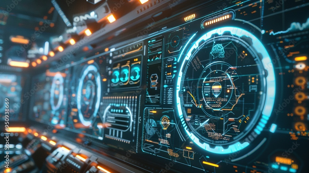 Futuristic Interface with Glowing Blue and Orange Displays Futuristic Interface with Glowing Blue and Orange Displays
