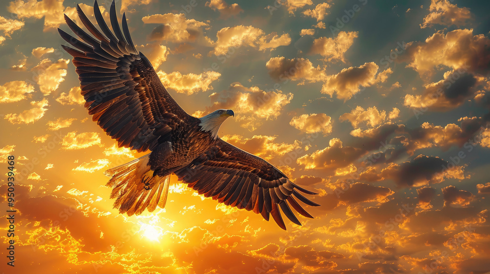 Obraz premium Bald Eagle Soaring Through Golden Sunset Sky 