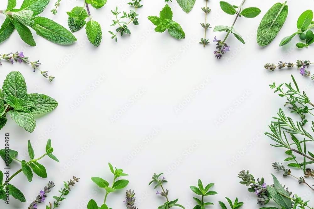 Fototapeta premium Assortment of fresh herbs arranged creatively on white background Top view flat lay Healthy eating and alternative medicine theme