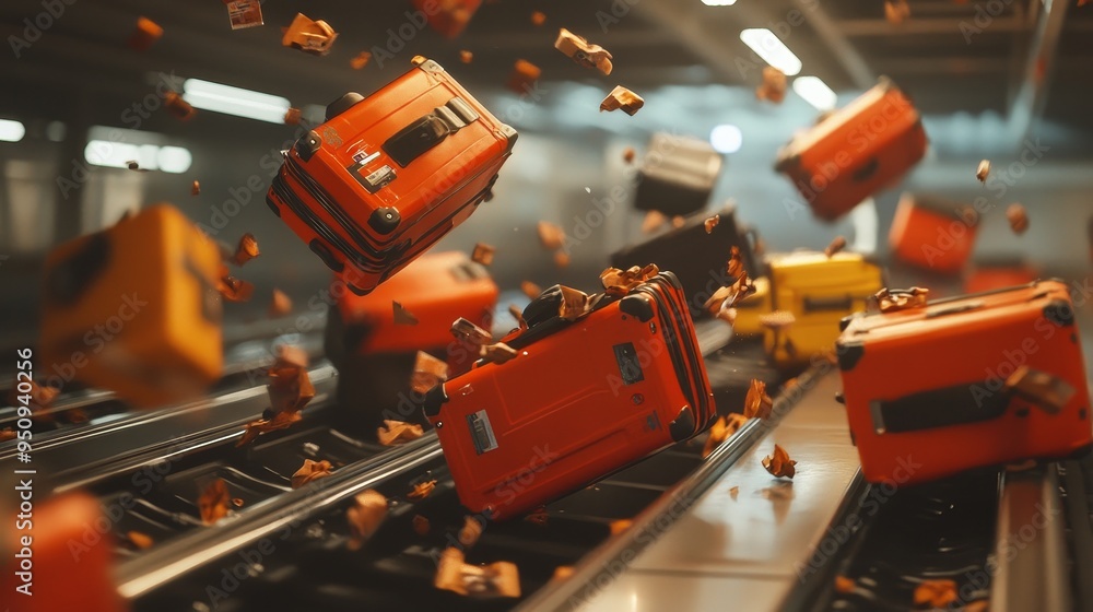 Baggage claim gone wrong, conveyor belt malfunction, luggage flying in every direction, travelers reacting in surprise and frustration Baggage claim gone wrong, conveyor belt malfunction, luggage flying in every direction, travelers reacting in surprise and frustration