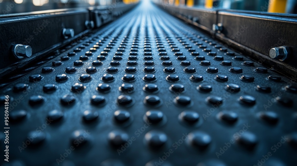 Detailed close-up of a conveyor belt, highlighting the intricate texture of rubber, metal, and bolts. Industrial design elements with a modern, high-tech feel Detailed close-up of a conveyor belt, highlighting the intricate texture of rubber, metal, and bolts. Industrial design elements with a modern, high-tech feel