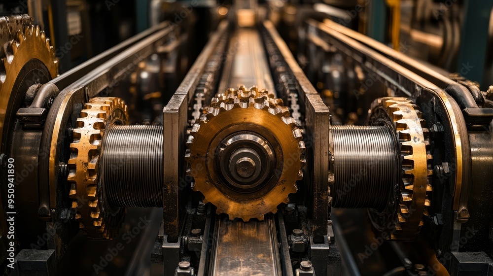 Detailed close-up of the complex gears, pulleys, and belts beneath the baggage claim conveyor system, emphasizing industrial mechanics and wear. Detailed close-up of the complex gears, pulleys, and belts beneath the baggage claim conveyor system, emphasizing industrial mechanics and wear.