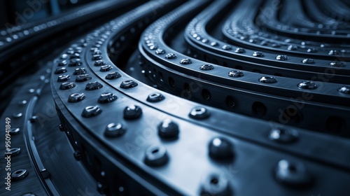 Detailed close-up of a conveyor belt, highlighting the intricate texture of rubber, metal, and bolts. Industrial design elements with a modern, high-tech feel