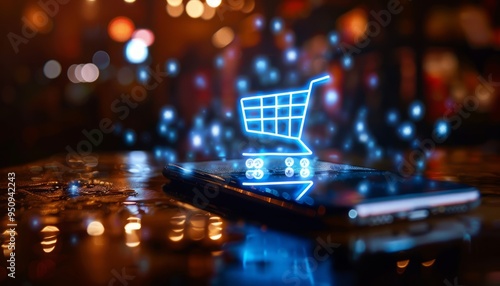 Neon digital shopping cart icon on a smartphone screen, symbolizing the rise of e-commerce, the growth of online shopping, and the digital revolution in the global retail industry