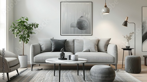 Scandinavian Sophistication: Gray Sofa, Marble Stool, and Modern Decor Elements