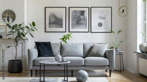 Scandinavian Sophistication: Gray Sofa, Marble Stool, and Modern Decor Elements