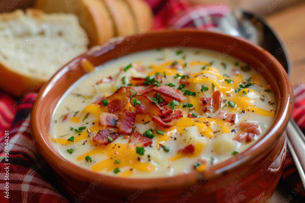 Bacon and cheese loaded potato soup with bread Bacon and cheese loaded potato soup with bread