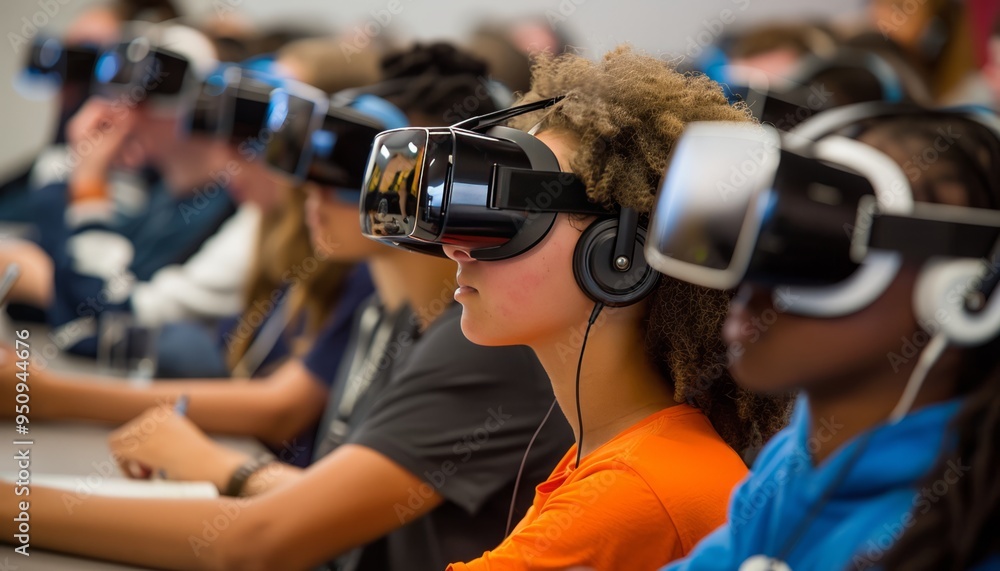 Group of students engaged in a virtual reality experience, symbolizing the integration of technology in education, immersive learning, and the future of digital education in modern classrooms Group of students engaged in a virtual reality experience, symbolizing the integration of technology in education, immersive learning, and the future of digital education in modern classrooms