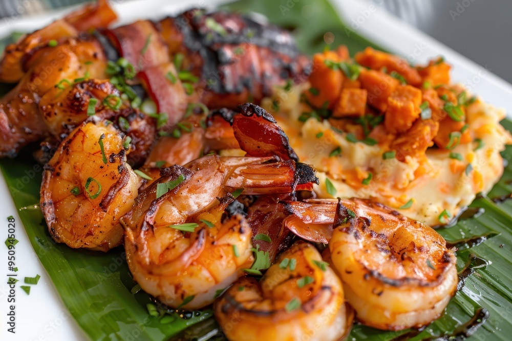 Bacon wrapped shrimp grilled meat sweet potatoes on banana leaf plate Bacon wrapped shrimp grilled meat sweet potatoes on banana leaf plate