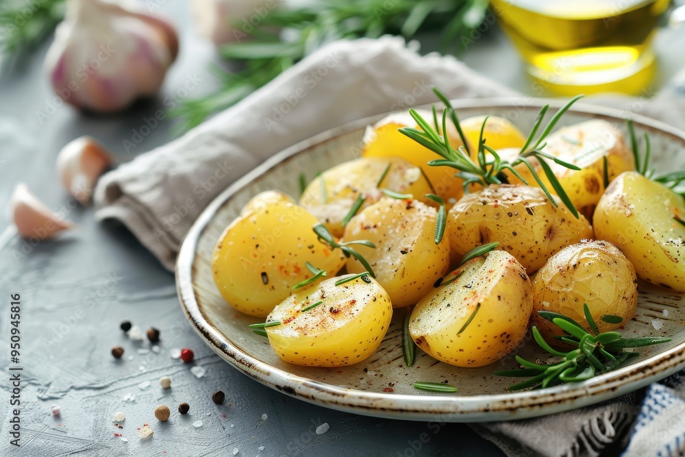 Baked potatoes with olive oil rosemary and garlic on vintage plate on stone table Baked potatoes with olive oil rosemary and garlic on vintage plate on stone table