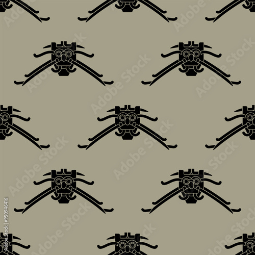 Seamless ethnic pattern with Scandinavian god Loki. Norse Viking design from Sigtuna, Sweden. Monochrome black silhouettes on gray background.