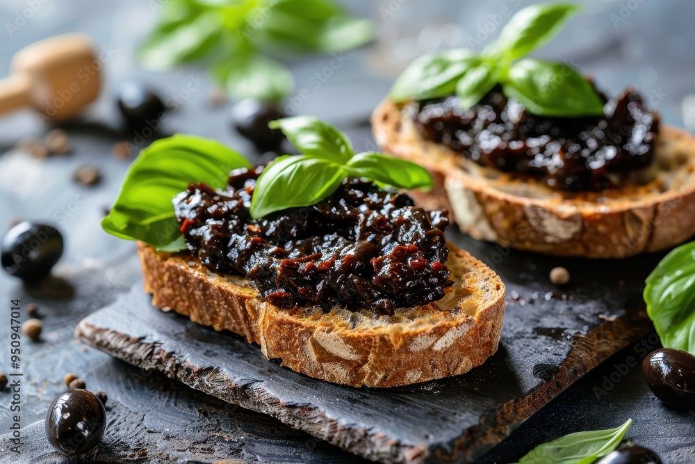 Basil and black olive spread on toast Basil and black olive spread on toast