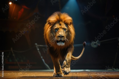 Beautiful lion performing in the circus arena photo