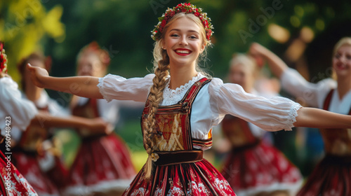 Vibrant Traditional German Dance Performance by Young Women in Authentic National Costumes photo