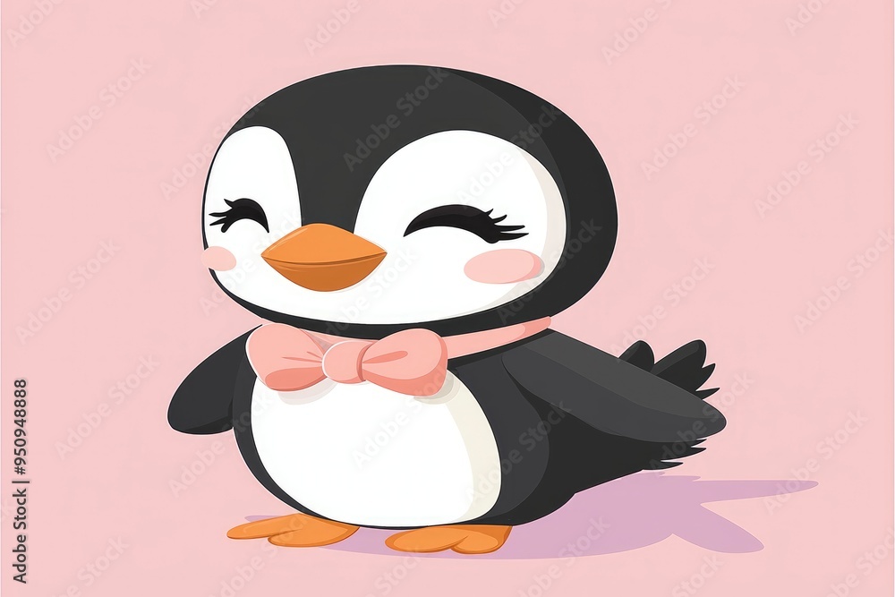 Fototapeta premium Cute Penguin with Pink Bow Tie Cartoon Illustration