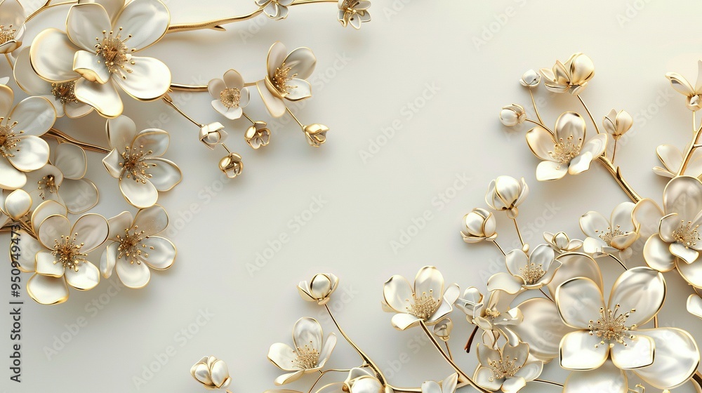 Golden Trimmed White Flowers on a White Background Golden Trimmed White Flowers on a White Background
