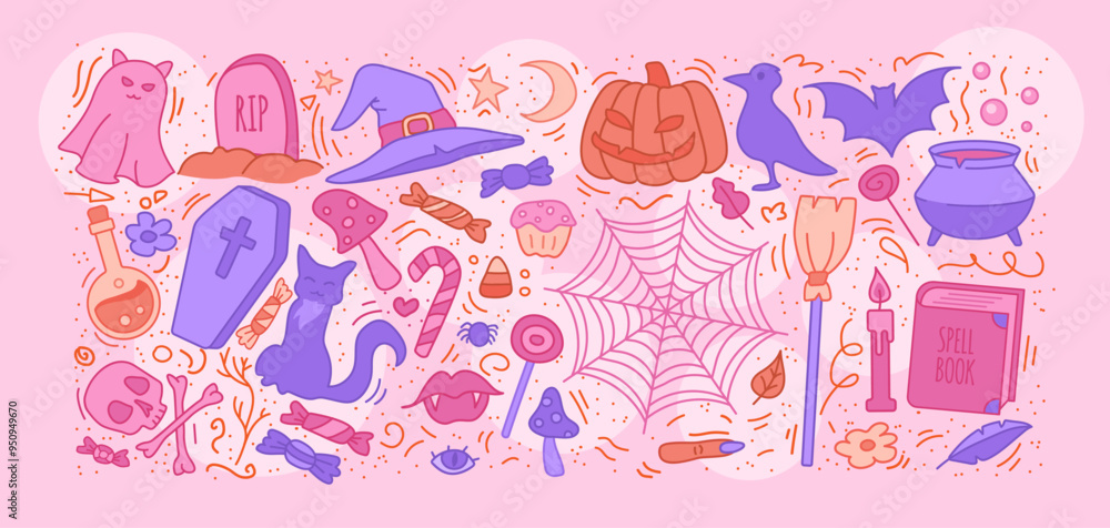 Set of cute Halloween characters and elements set. Cat baby ghosts for Halloween party. Kawaii pumpkin. October 31 kids illustrations. Stock vector illustration in cartoon outline style. Set of cute Halloween characters and elements set. Cat baby ghosts for Halloween party. Kawaii pumpkin. October 31 kids illustrations. Stock vector illustration in cartoon outline style.