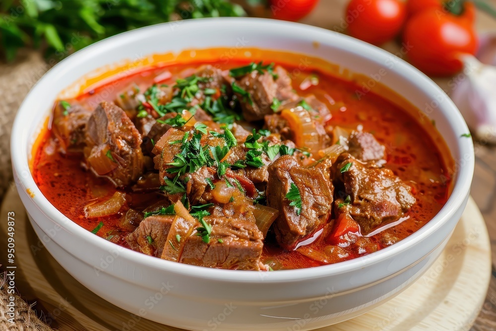 Beef cooked with onions tomato paste and spices Beef cooked with onions tomato paste and spices