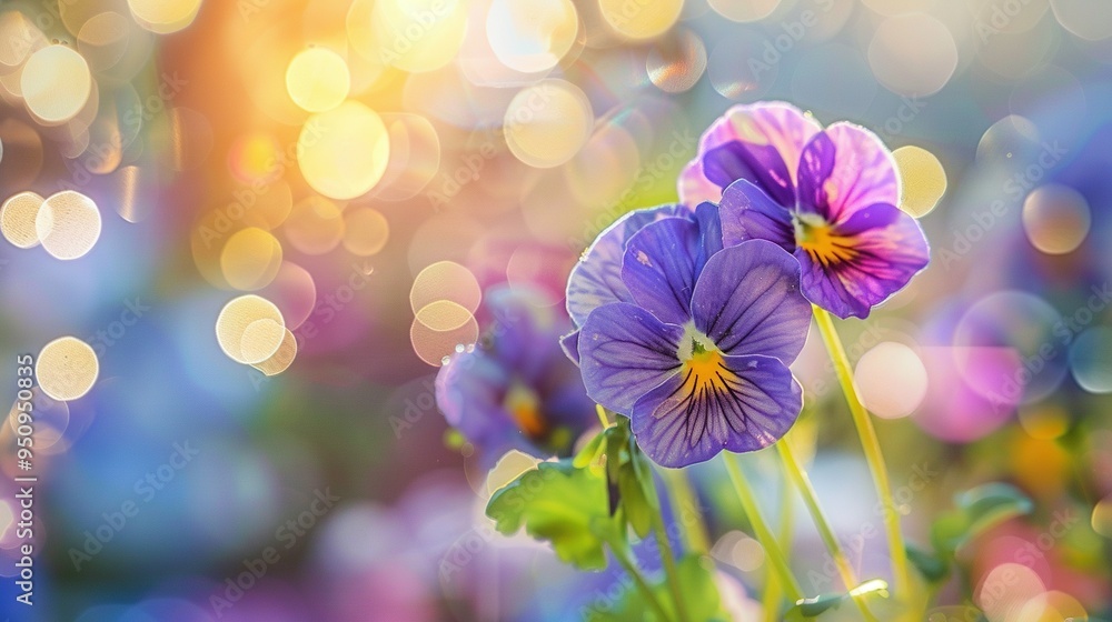 Two Purple Pansies with Yellow Centers in Bokeh Background Two Purple Pansies with Yellow Centers in Bokeh Background