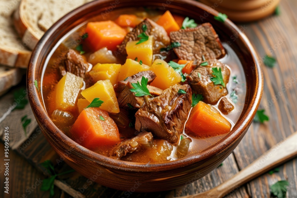 Beef soup with root vegetables and rye bread in a bowl on the table viewed from above Beef soup with root vegetables and rye bread in a bowl on the table viewed from above