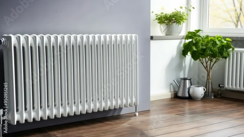Modern radiator installation in a bright living room with natural light and greenery