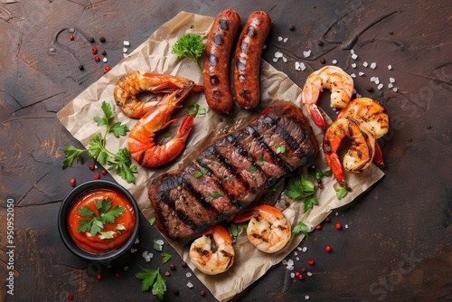 Beefsteak marbled sausages and shrimp on dark stone surface photo