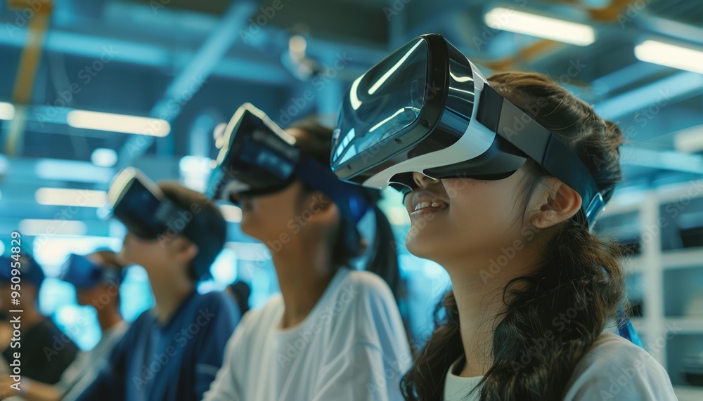 Students immersed in virtual reality technology in a modern classroom, representing the future of education, the integration of VR in learning, and the advancement of digital educational tools Students immersed in virtual reality technology in a modern classroom, representing the future of education, the integration of VR in learning, and the advancement of digital educational tools