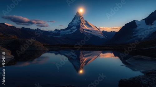 The serene reflection of the Matterhorn in the still waters of Lake Riffelsee, Switzerland, at day photo