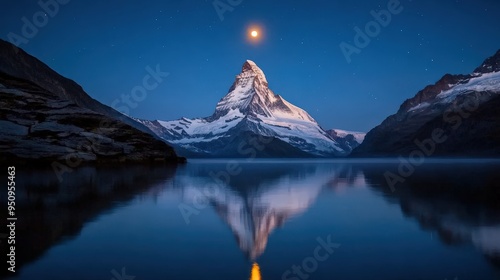 The serene reflection of the Matterhorn in the still waters of Lake Riffelsee, Switzerland, at day photo