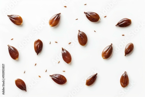 Bird s eye view of small group of linseeds on white background photo