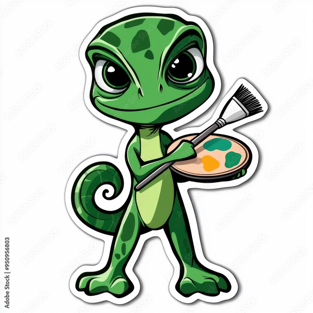 Obraz premium Cute Cartoon Green Lizard Holding Paintbrush and Palette