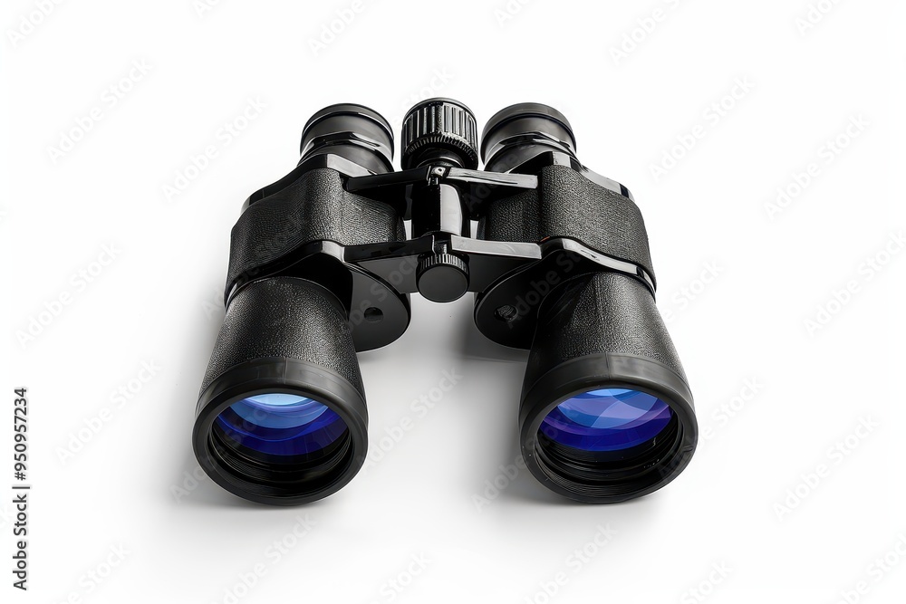 Black binoculars isolated on white background Sky reflected in lenses Black binoculars isolated on white background Sky reflected in lenses