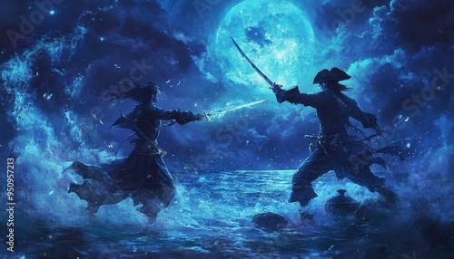 Wallpaper Mural Moonlit Swordplay: A Clash of Shadows under the Celestial Glow Torontodigital.ca