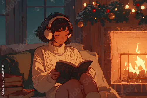 Cozy Girl reading a book next to a warm fireplace on a cold winter night. Anime style, Cozy vibes