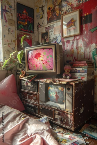 Retro TV and Vintage Decor in a Messy Room