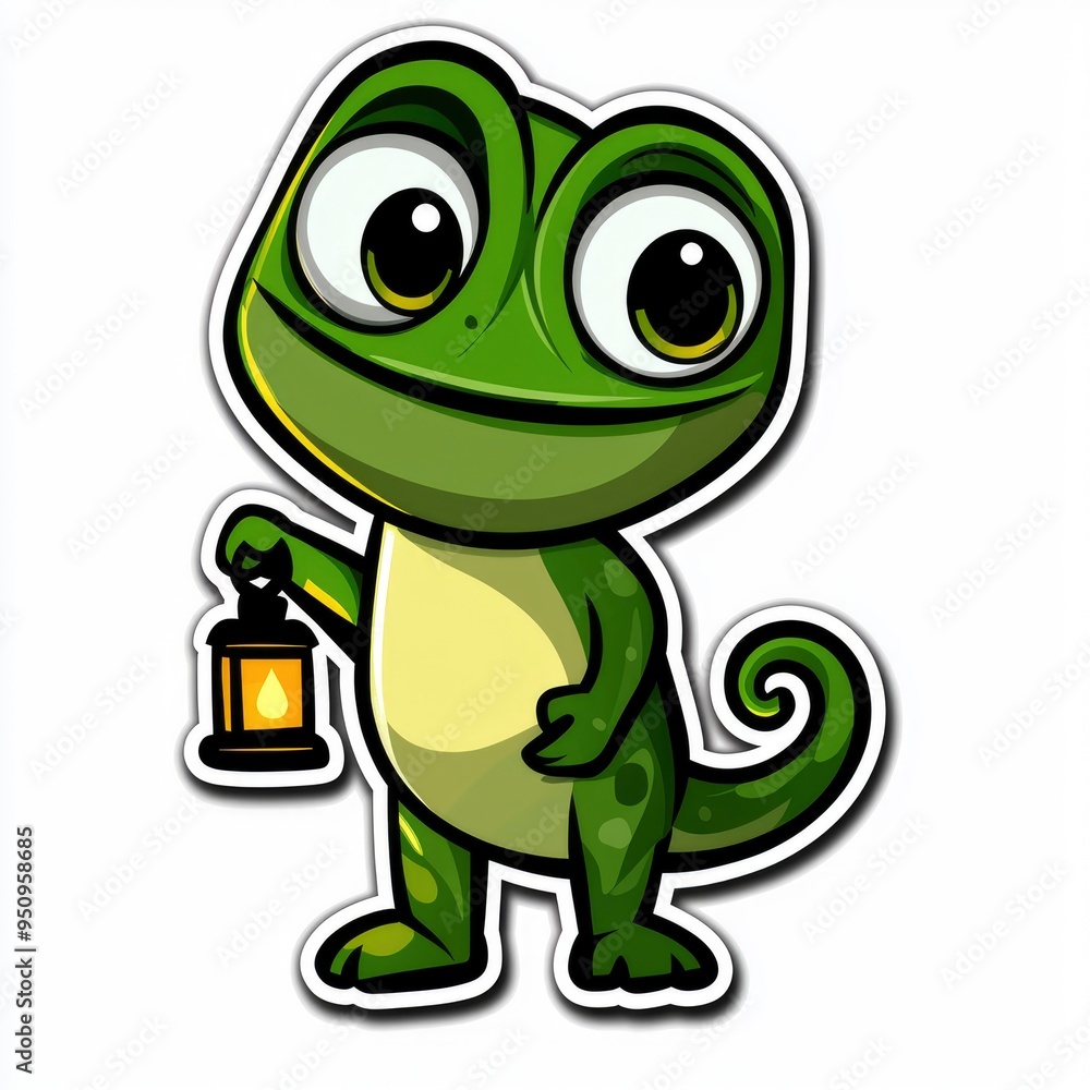 Fototapeta premium Cute Cartoon Green Lizard Holding a Lantern