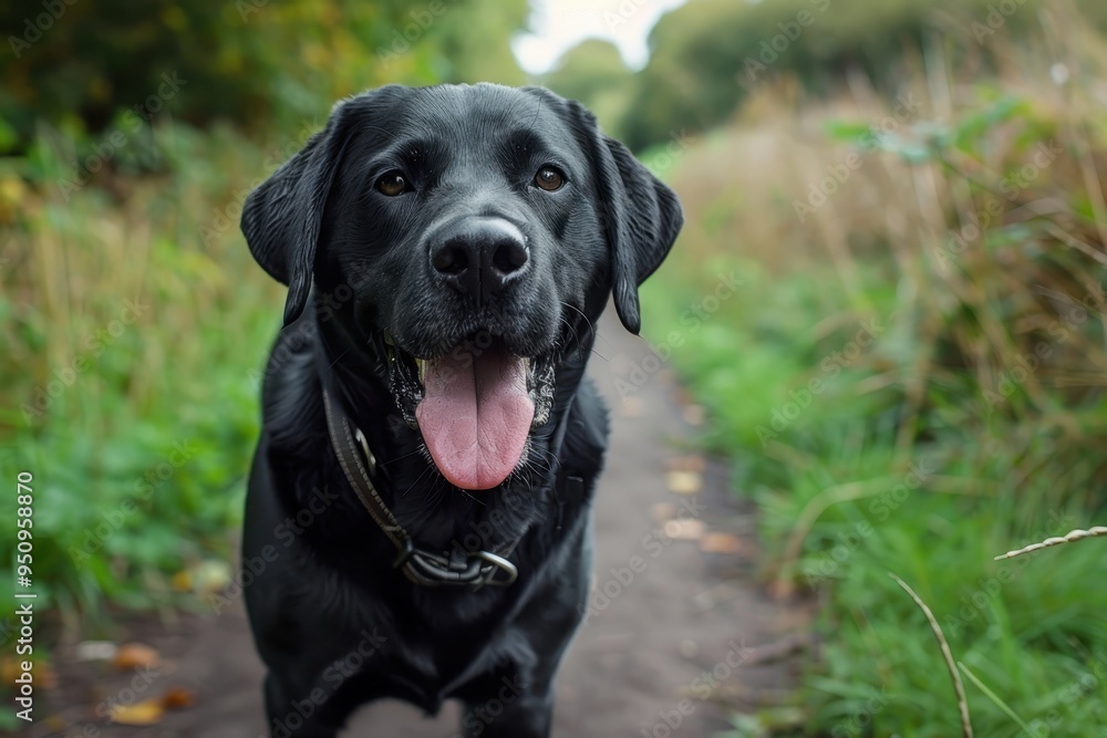 Black lab with tongue out on a walk Black lab with tongue out on a walk