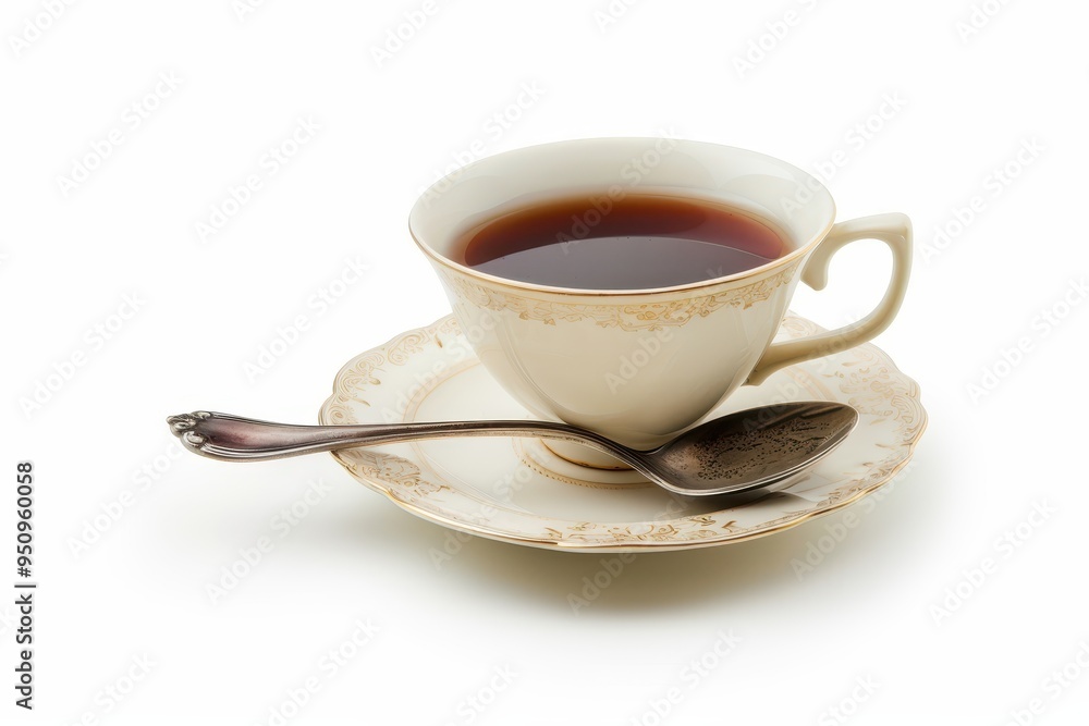 Black tea cup and spoon on white background Black tea cup and spoon on white background