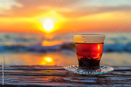 Black tea in glass on old wooden table overlooking sunset on Turkish sea coast