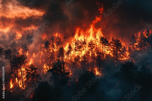 Forest Fire Burning at Night