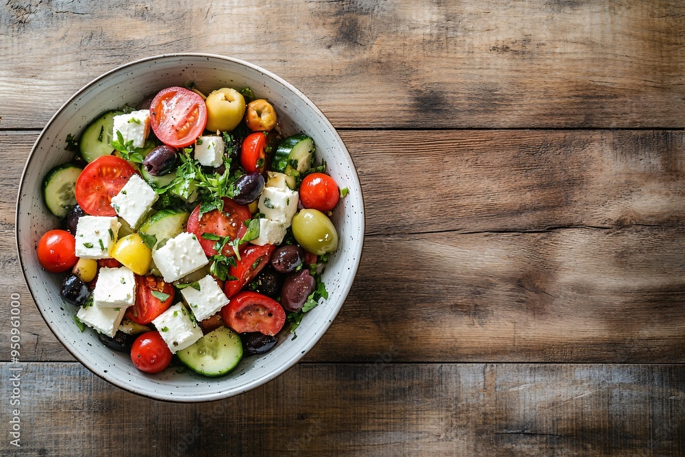 Greek Salad Bowl on Wooden Table Greek Salad Bowl on Wooden Table