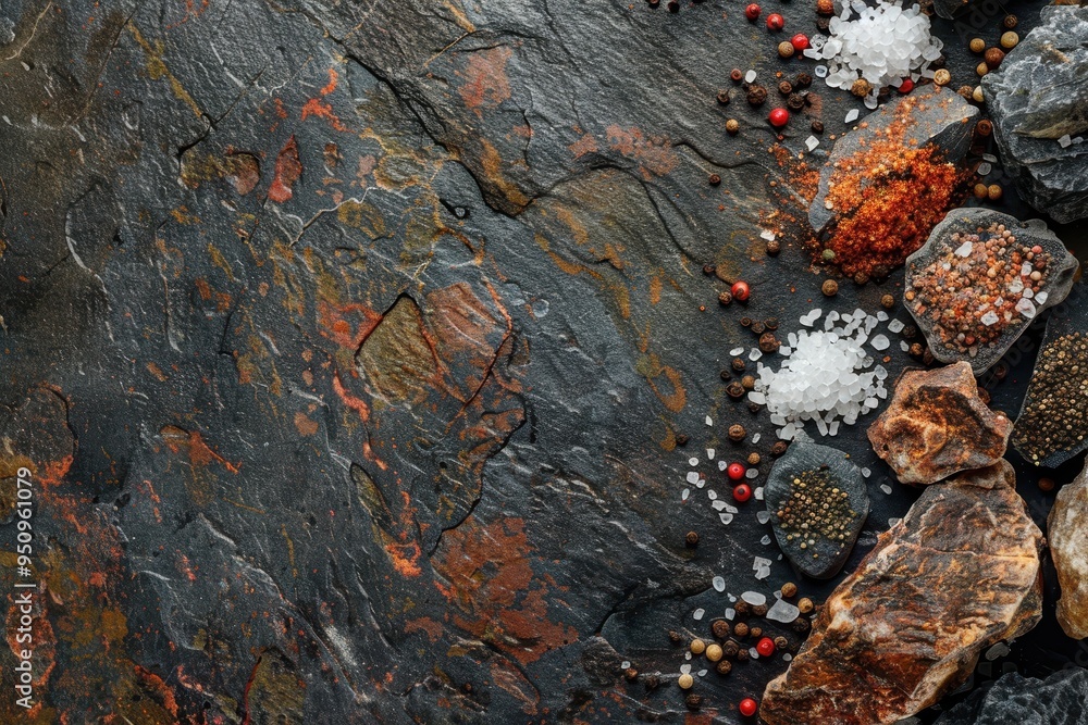 Blank space for text on dark mica background with stone texture and spices Ideal for food advertising Blank space for text on dark mica background with stone texture and spices Ideal for food advertising