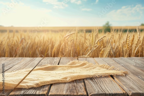 Blank table with tablecloth against blurred wheat field background Shavuot themed design and product display photo