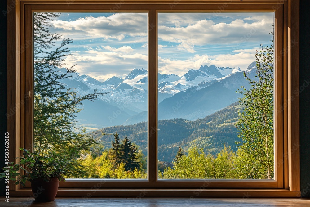 Naklejka premium Window View of Mountain Range with Trees