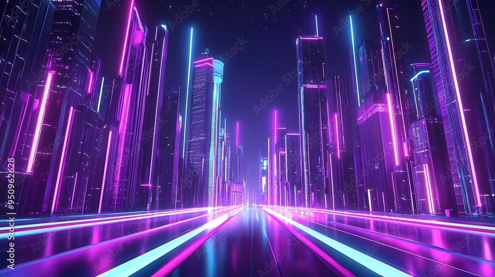 Futuristic Cityscape at Night with Neon Lights and Skyscrapers Illuminating the Sky Futuristic Cityscape at Night with Neon Lights and Skyscrapers Illuminating the Sky