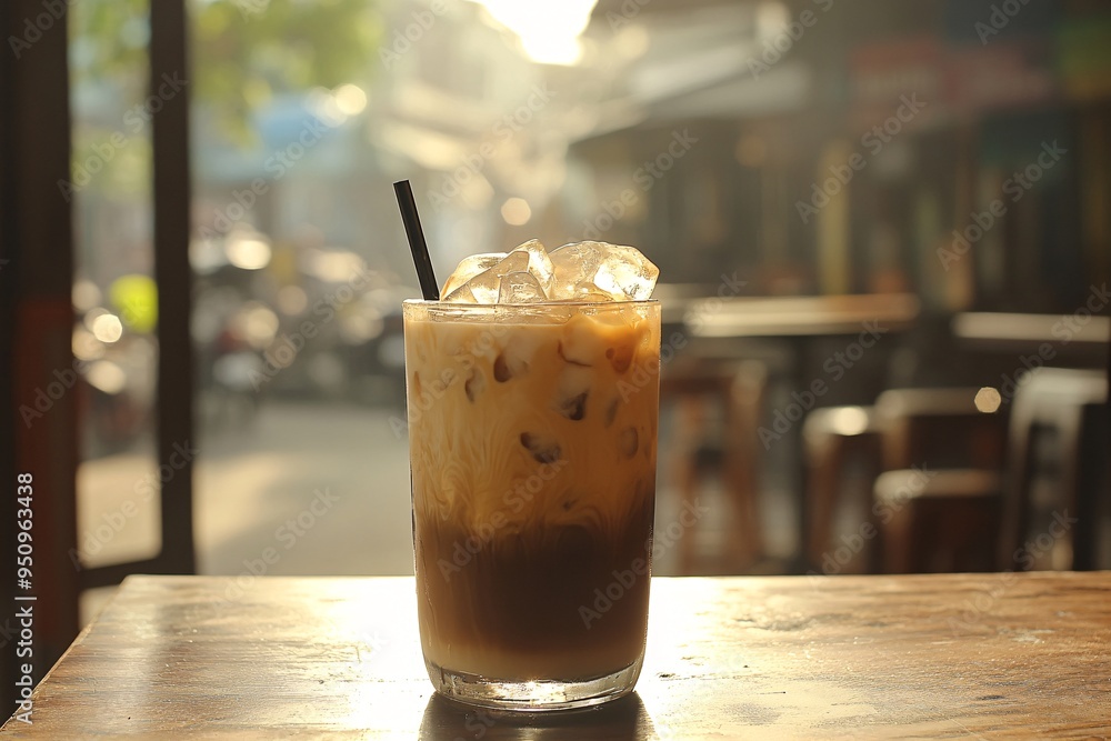 Iced Coffee with Ice Cubes on Wooden Table Iced Coffee with Ice Cubes on Wooden Table