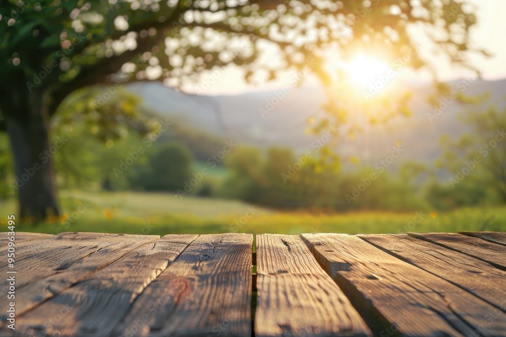 Blurred summer landscape background with empty table Blurred summer landscape background with empty table