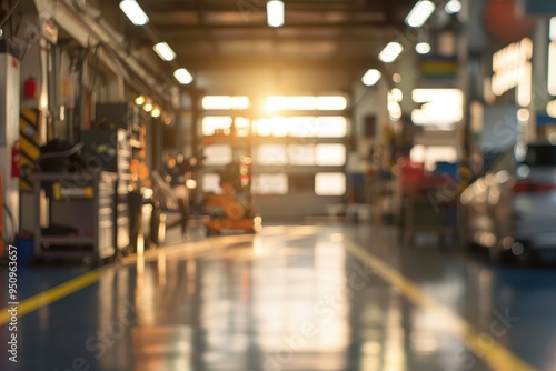 Blurry background of car repair shop interior